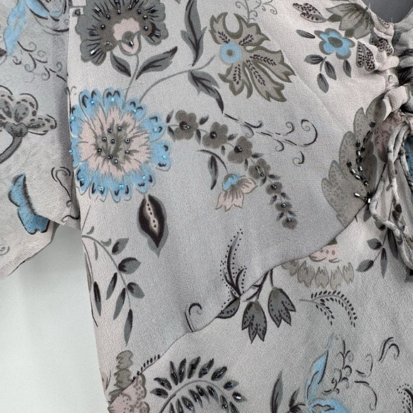 Vintage Fairycore Whimsygoth Silk Floral Beaded Top Gray Sheer Ruffle Sleeve M - Picture 4 of 9